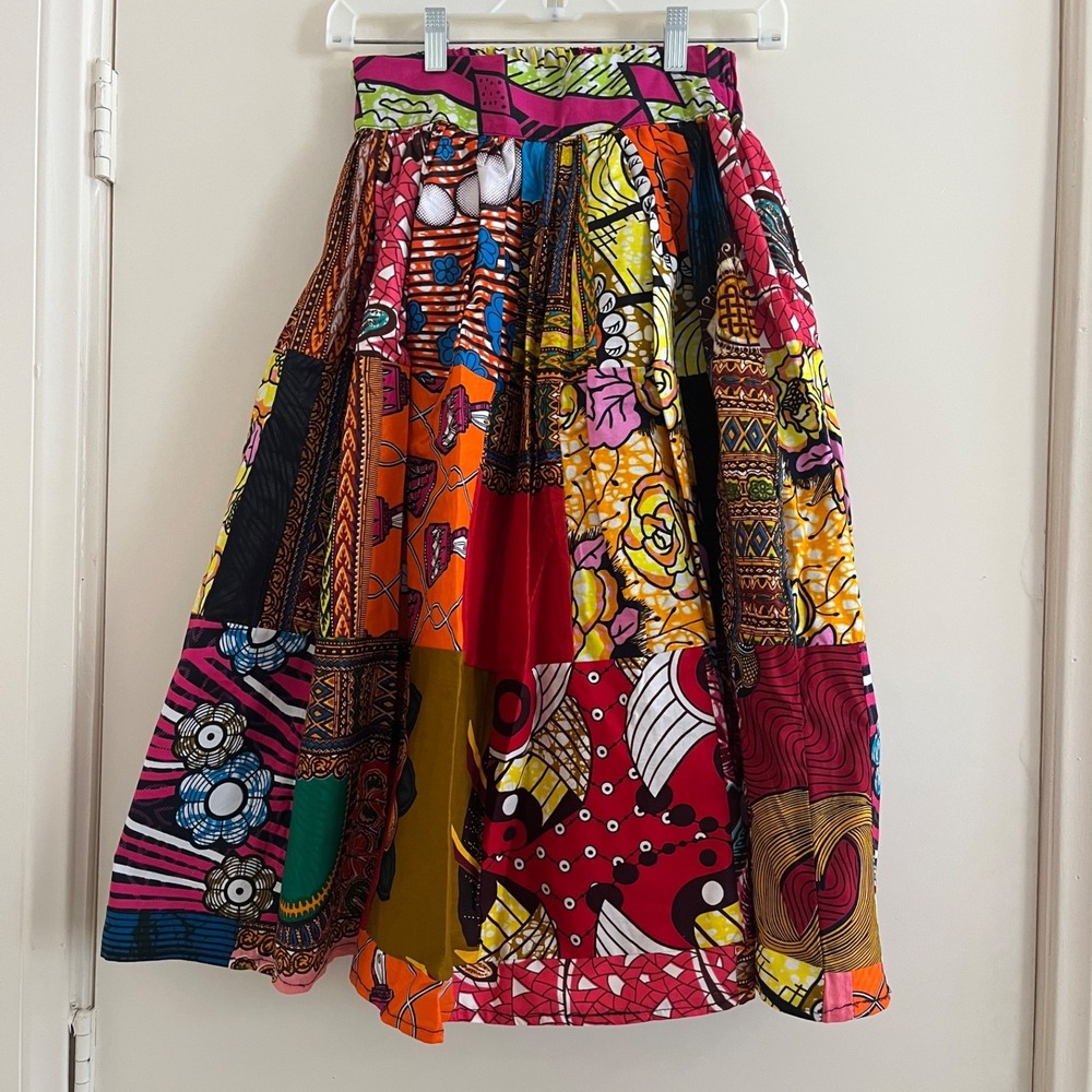 Grass-Fields African Print Patchwork Midi Skirt Small Colorful Boho Art to Wear